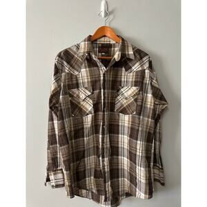 Plains Western Wear Pearl Snap Shirt Mens Large Brown Plaid Cowboy Rodeo Button